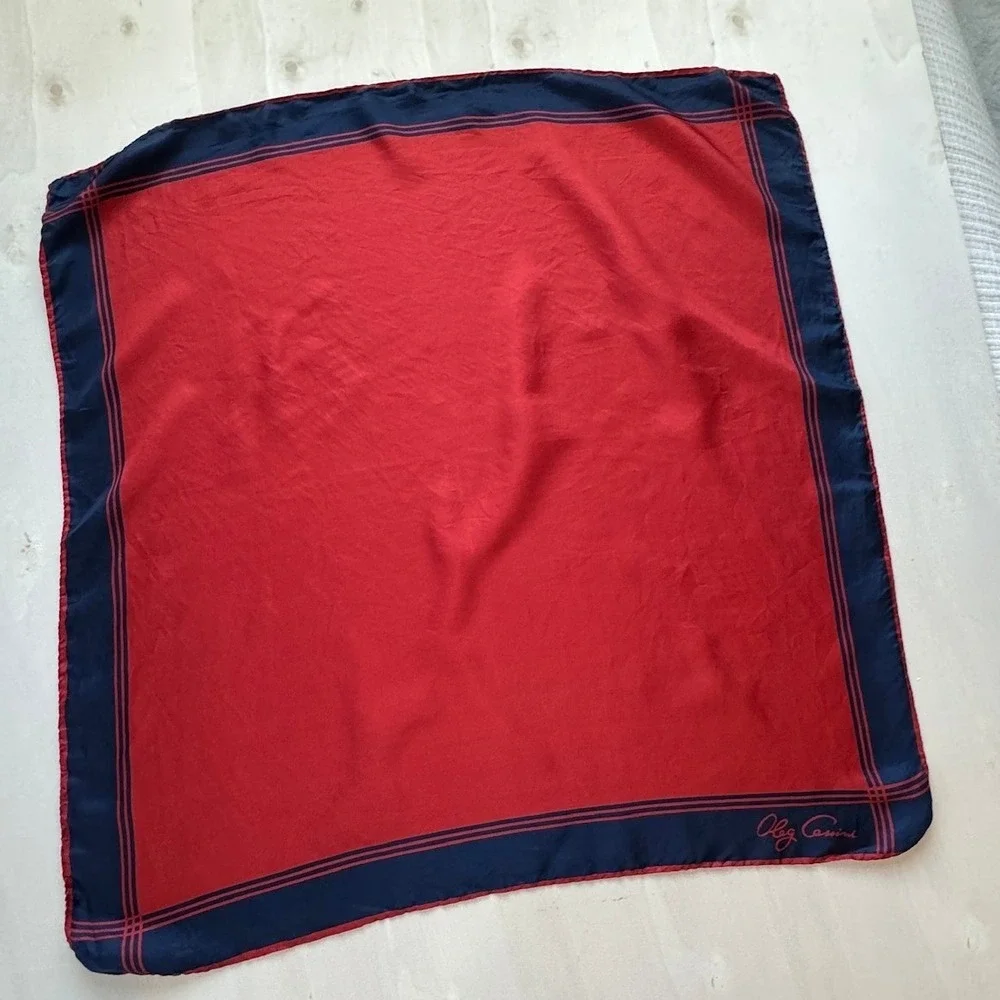 Oleg Cassini Red Navy Blue Silk Square Scarf Made in Italy Hand Rolled 26in